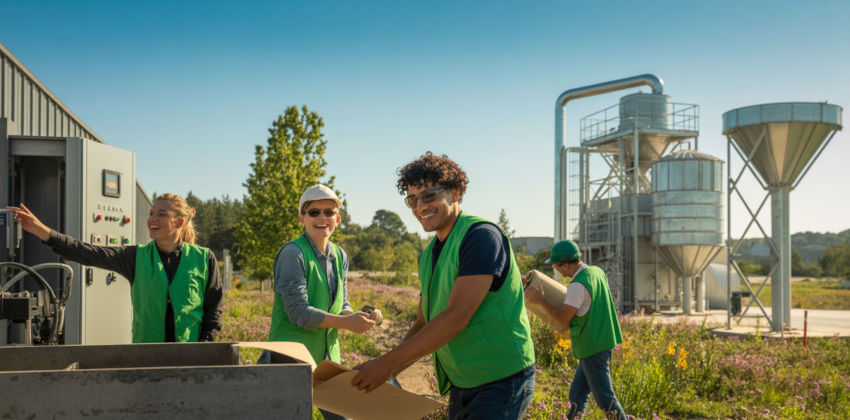 Workers at a dust extraction and collection system