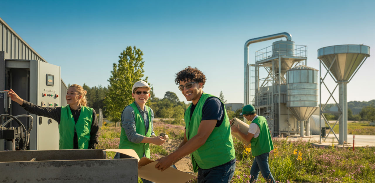 Workers at a dust extraction and collection system