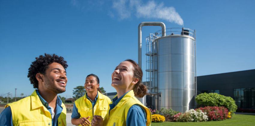 Workers breathing in clean air from a scrubber system