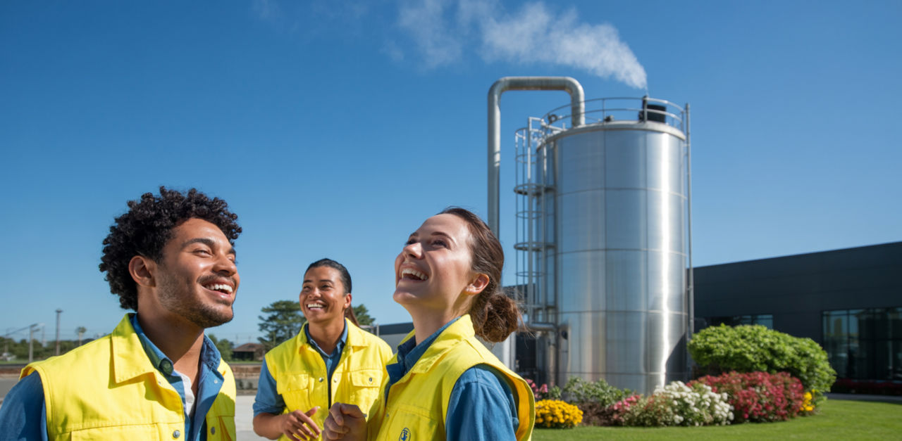 Workers breathing in clean air from a scrubber system